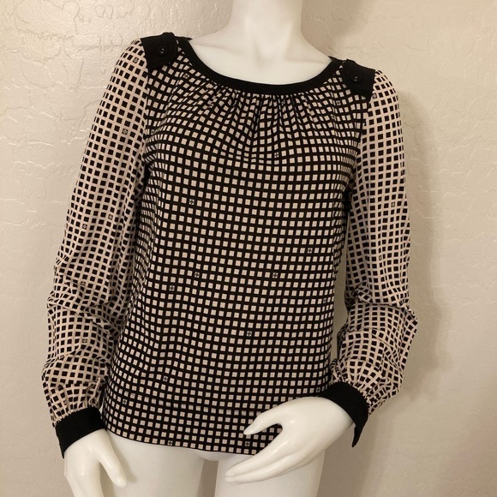 Tory Burch Black/Tan Checked Long Sleeve Blouse Small